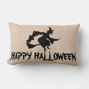 Happy Halloween Witch with her Broom Burlap Throw Lumbar Pillow