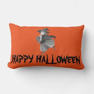 Happy Halloween Witch with her Broom Orange Throw Lumbar Pillow