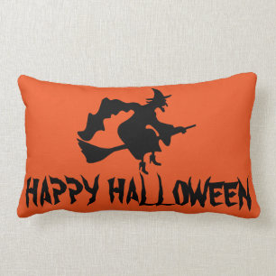 Happy Halloween Witch with her Broom Orange Throw Lumbar Pillow