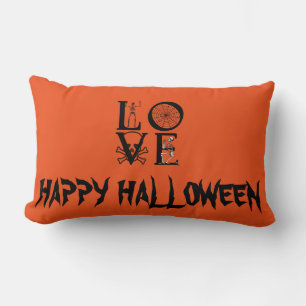Happy Halloween Witch with her Broom Orange Throw Lumbar Pillow