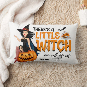Happy Halloween Witch with her Broom Orange Throw Lumbar Pillow