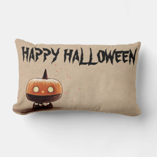 Happy Halloween Witch with her Broom Orange Throw Lumbar Pillow