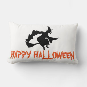 Happy Halloween Witch with her Broom White Throw Lumbar Pillow