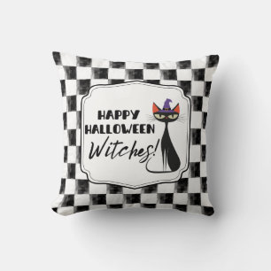 Happy Halloween Witches! Black Witch Kitty  Throw Pillow