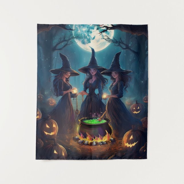 Happy Halloween Witches Brew Under Full Moon Tapestry (Front)