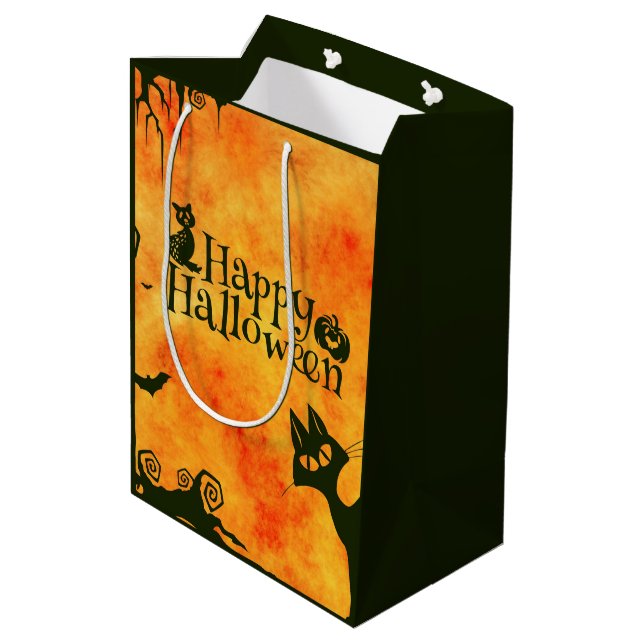 Happy Halloween Witches Cats Spiders Owls Pumpkins Medium Gift Bag (Back Angled)