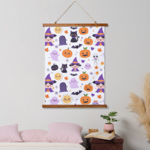 Happy Halloween Witches Ghosts Cats Bats Pumpkins Hanging Tapestry