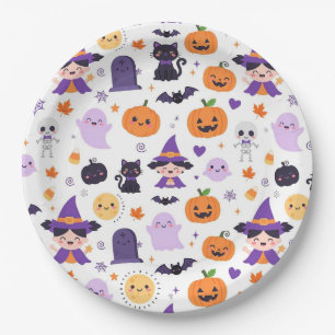 Happy Halloween Witches Ghosts Cats Bats Pumpkins Paper Plate