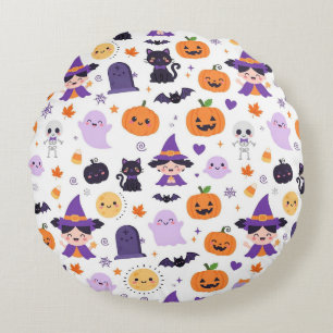 Happy Halloween Witches Ghosts Cats Bats Pumpkins Round Pillow