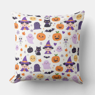 Happy Halloween Witches Ghosts Cats Bats Pumpkins Throw Pillow