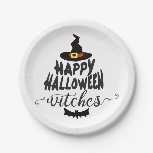 Happy Halloween Witches Typography Halloween Paper Plate (Front)