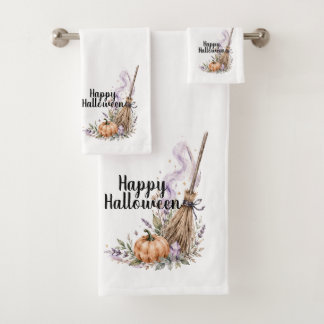 Happy Halloween Witch's Broom & Pumpkin Bath Towel