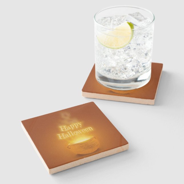 Happy Halloween Witch's Caldron Stone Coaster (Side)