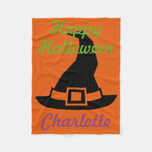 Happy Halloween Witch's Hat on Orange Personalized Fleece Blanket