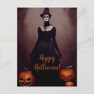 Happy Halloween with a witch in Gothic dress. Postcard