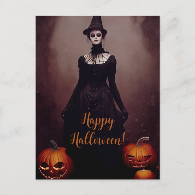 Happy Halloween with a witch in Gothic dress. Postcard (Front)