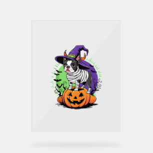 Happy Halloween with Boston Terrier Mummy & Witch Acrylic Sign