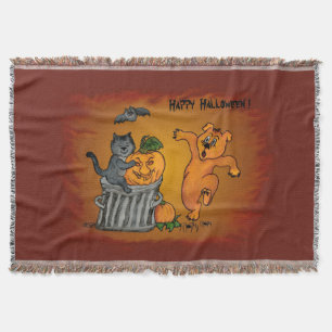 Happy Halloween with Cat Bat Dog and Spider Throw Blanket