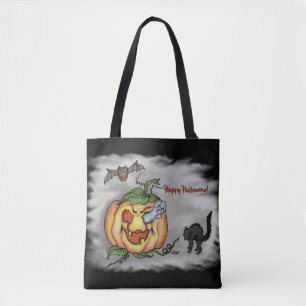 Happy Halloween with Ghost Cat Bat Pumpkin Tote Bag