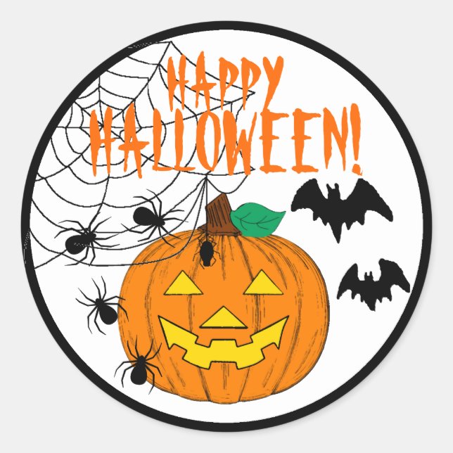 Happy Halloween With Pumpkin Spiders and Bats Classic Round Sticker (Front)
