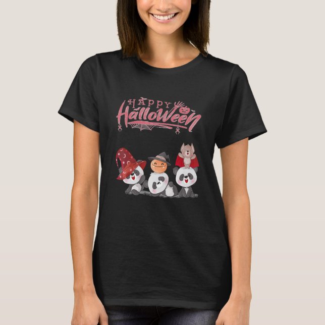 Happy Halloween With Three Small Panda Bears T-Shirt (Front)