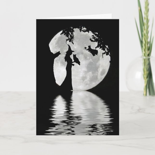 Happy Halloween with Witches, Owl, Black Cat Moon Card (Front)