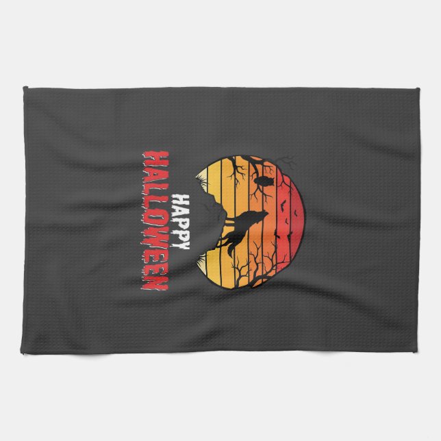 Happy Halloween Wolf Sunset Vector Kitchen Towel (Horizontal)