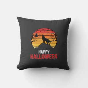 Happy Halloween Wolf Sunset Vector Throw Pillow