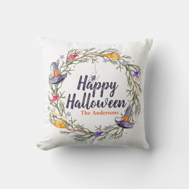 Happy Halloween Wreath Personalized | Throw Pillow (Front)