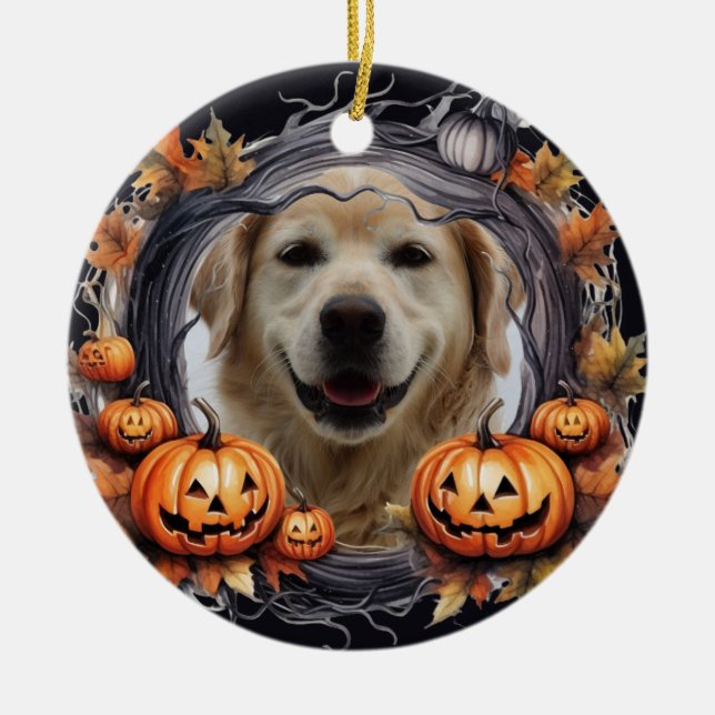 Happy Halloween Wreath With Pumpkins Custom Photo Ceramic Ornament (Front)