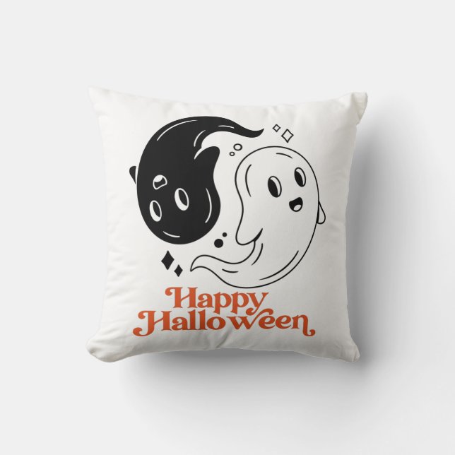 Happy Halloween Yin and Yang Black and White Ghost Throw Pillow (Front)