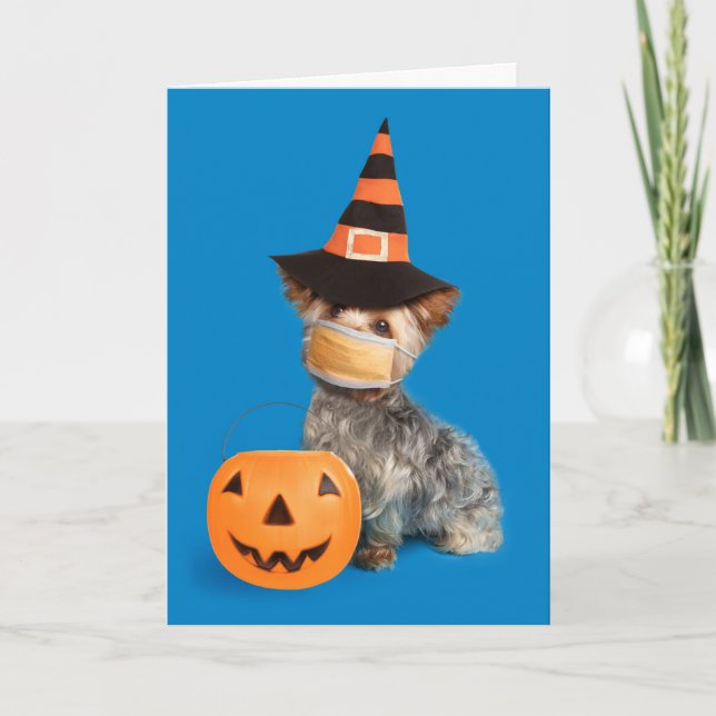 Happy Halloween Yorkie in Coronavirus Face Mask Holiday Card (Front)