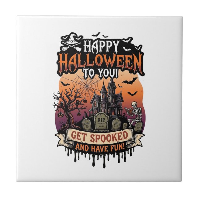 Happy Halloween You Haunted House Skeleton Bats_1 Tile (Front)