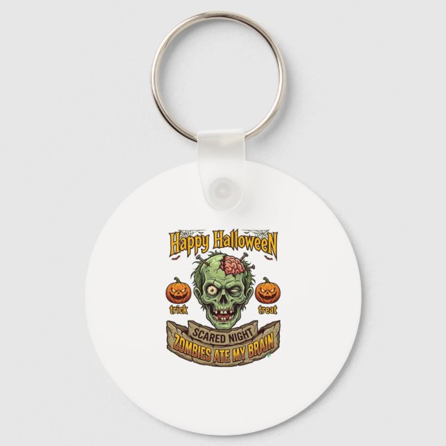 Happy Halloween Zombies Ate Brain Zombie Head Pump Keychain (Front)