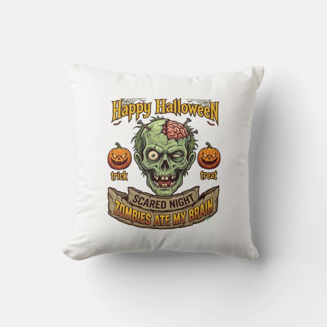 Happy Halloween Zombies Ate Brain Zombie Head Pump Throw Pillow (Front)