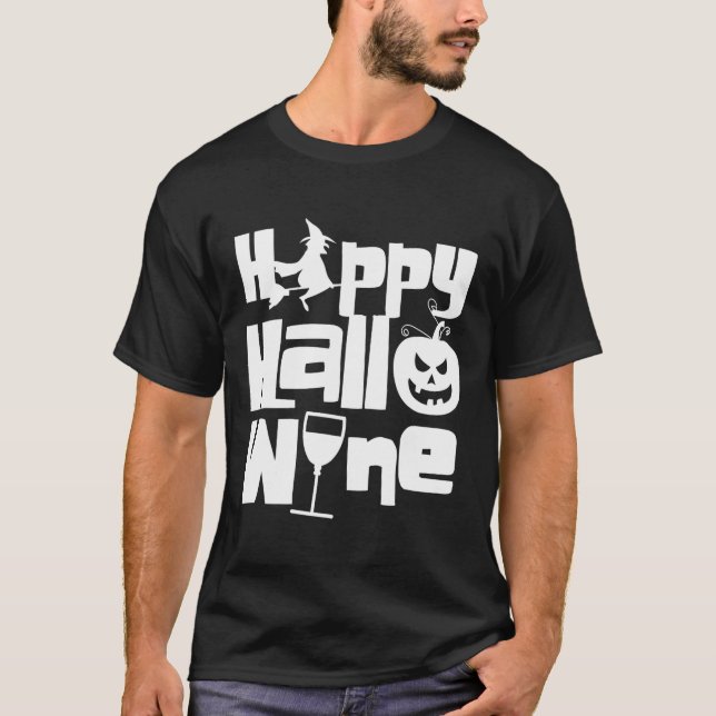 Happy Hallowine Funny Halloween Night Witch Pumpki T-Shirt (Front)