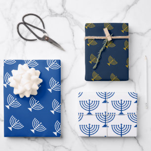 Happy Hannukah blue candle holder pattern Wrapping Paper Sheet
