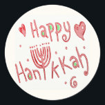 Happy Hannukah Classic Round Sticker<br><div class="desc">This fanciful Happy Hannukah design features a menorah in place of the “U” in the word, Hannukah. This spelling has become the most widely acceptable spelling in English so even if you usually spell it Hanuka or Chanukah, you cannot go wrong with this one. The red colour makes it cheery...</div>