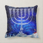 Happy Hannukah Snow Pillow<br><div class="desc">Blue-and-white-based winter design with menorah,  hannukah-elf,  snow,  christmas-trees and  "Happy Hannukah" in Hebrew,  throw-cushion/pillow</div>