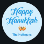 Happy Hannukah Sticker<br><div class="desc">Customize this holiday sticker with your own name and greeting. The Bright blue swash headline and small dreidel images add a festive flair.</div>