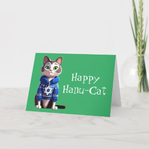Happy Hanu-Cat   Cat in Hanukkah Sweater Holiday Card