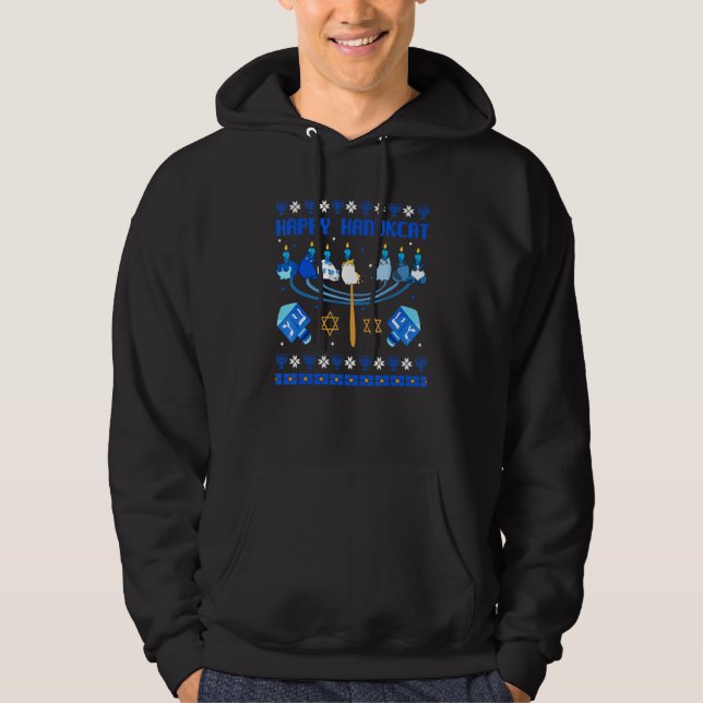Happy Hanukcat Ugly Hanukkah Cat Chanukah Jewish U Hoodie (Front)