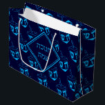 HAPPY HANUKKAH חנוכה שמח Hebrew Dreidel NAVY CYAN Large Gift Bag<br><div class="desc">This stylish midnight blue gift bag with all over cyan dreidel print would make an excellent choice for presenting your gifts during Hanukkah. The front says חנוכה שמח (Happy Hanukkah) and the back shows customizable placeholder text. Matching gifts and home decor ideas are available in the HANUKKAH Collection by Berean...</div>