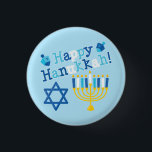 Happy Hanukkah 1 Inch Round Button<br><div class="desc">Happy Hanukkah text with a menorah,  Star of David and two dreidels. Shades of blue,  white and yellow.</div>
