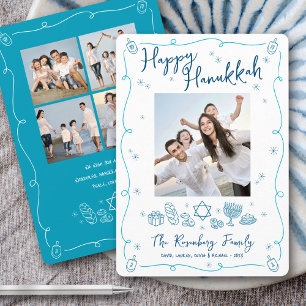 Happy Hanukkah 5 Photo Whimsical Hand Drawn Doodle Holiday Card