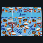 Happy Hanukkah Add Name Blue Dreidel Menorah  Large Gift Bag<br><div class="desc">Happy Hanukkah Add Name Blue Large Gift Bag</div>