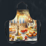 Happy Hanukkah Apron<br><div class="desc">Hanukkah watercolor illustration. A beautifully arranged table set for a festive celebration,  featuring a traditional menorah with lit candles. Soft,  warm light,  while holiday decorations add a touch of cheer. Warm lights creating a cozy,  inviting atmosphere.</div>