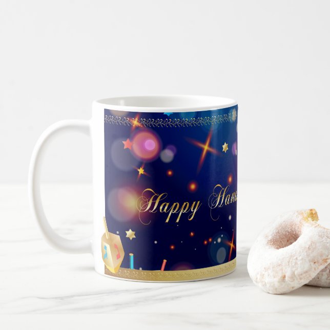 Happy Hanukkah Beautiful Jewish Holiday Coffee Mug (With Donut)