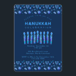 Happy Hanukkah Beautiful Jewish Holiday Invitation<br><div class="desc">Happy Hanukkah Party Invitation Beautiful Jewish Holiday Card. Jewish Holiday Chanukkah background with traditional Chanuka decorative symbols - wooden dreidels (spinning top), doughnuts, hanukkiah menorah, candles, star of David and glowing lights wallpaper navy blue pattern. Hanukkah Festival of lights Event Decoration. Jerusalem, Israel. Invitations & Stationery > Invitations & Announcements...</div>
