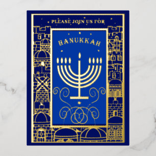 Happy Hanukkah Beautiful Jewish Holiday Menorah Foil Invitation Postcard
